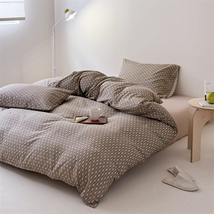 91家纺网 家纺一手货源 找家纺 窝米 2025新款ins极简风双层纱系列四件套 自由派咖