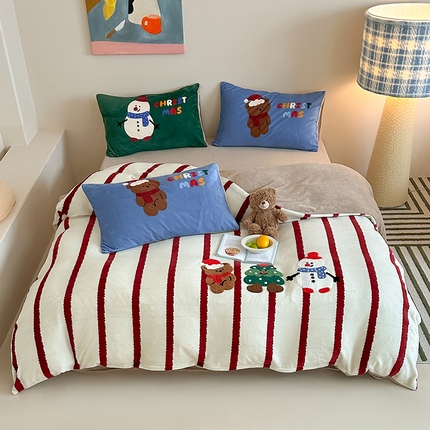 91家纺网 家纺一手货源 找家纺 （总）桃子家居 2024新款A类毛巾绣立体数码印花可爱卡通圣诞印加绣加厚牛奶绒系列四件套