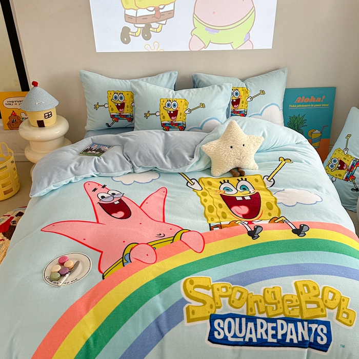 91家纺网 家纺一手货源 找家纺 金爱家 2024新品正版海绵宝宝授权大版卡通平网数码印花加厚高克重牛奶绒系列四件套 彩虹海绵宝宝