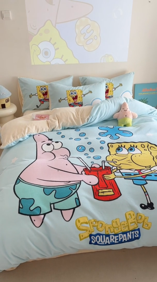 91家纺网 家纺一手货源 找家纺 金爱家 2024新品正版海绵宝宝授权大版卡通平网数码印花加厚高克重牛奶绒系列四件套 泡泡海绵宝宝