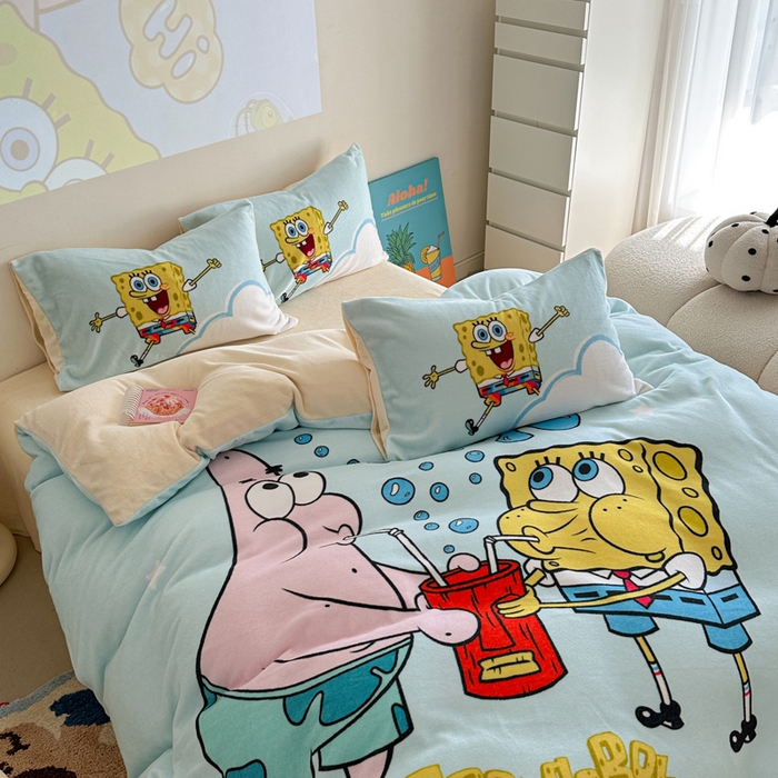 91家纺网 家纺一手货源 找家纺 金爱家 2024新品正版海绵宝宝授权大版卡通平网数码印花加厚高克重牛奶绒系列四件套 泡泡海绵宝宝