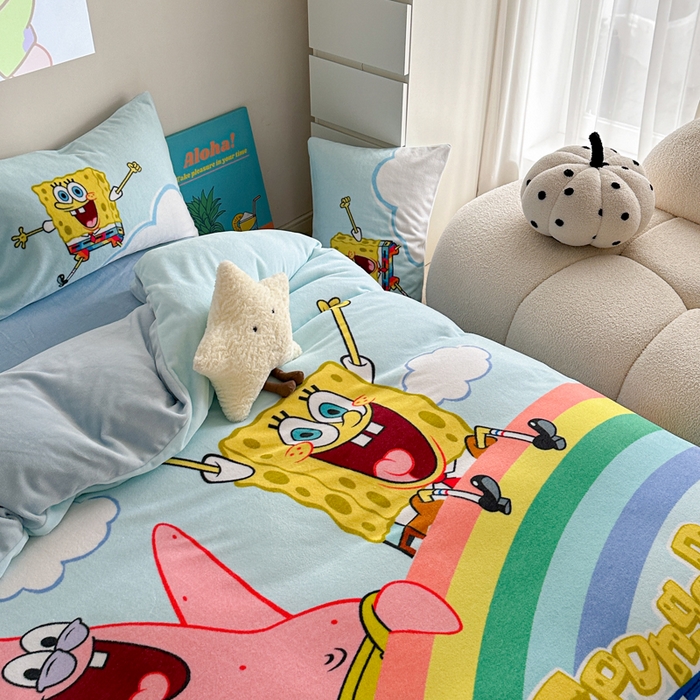 91家纺网 家纺一手货源 找家纺 金爱家 2024新品正版海绵宝宝授权大版卡通平网数码印花加厚高克重牛奶绒系列四件套 彩虹海绵宝宝