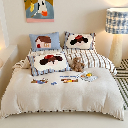 桃子家居 2024新款A类毛巾绣立体数码印花可爱卡通圣诞印加绣加厚牛奶绒系列四件套 绒印加绣-奶油欢乐狗