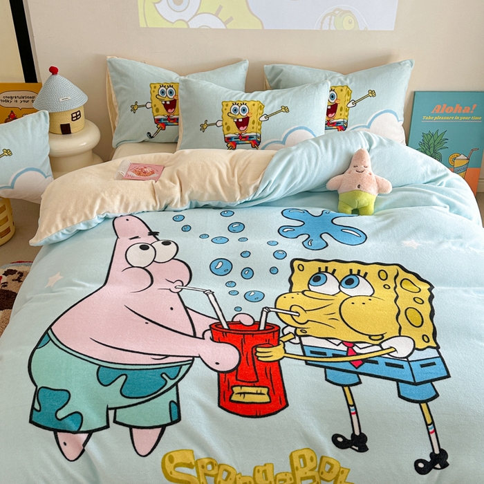 91家纺网 家纺一手货源 找家纺 金爱家 2024新品正版海绵宝宝授权大版卡通平网数码印花加厚高克重牛奶绒系列四件套 泡泡海绵宝宝