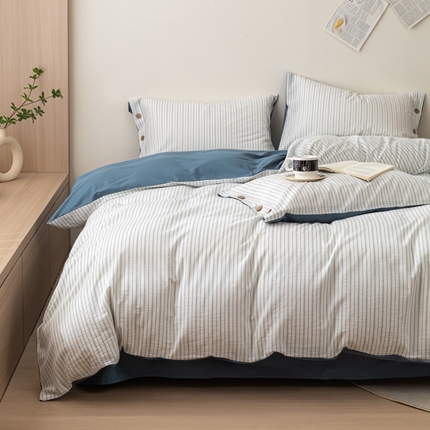 91家纺网 家纺一手货源 找家纺 （总）女子家纺 2024新款色织小提花条纹水洗棉纽扣四件套