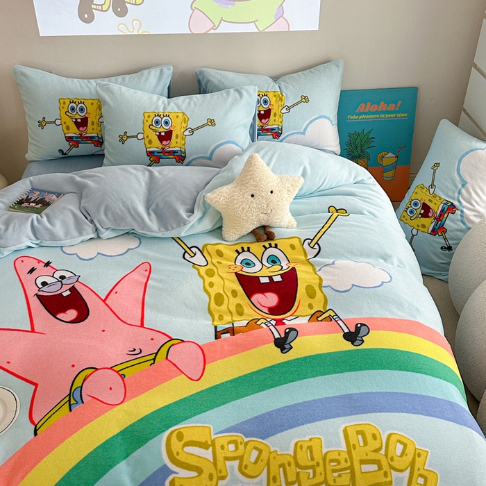 91家纺网 家纺一手货源 找家纺 金爱家 2024新品正版海绵宝宝授权大版卡通平网数码印花加厚高克重牛奶绒系列四件套 彩虹海绵宝宝