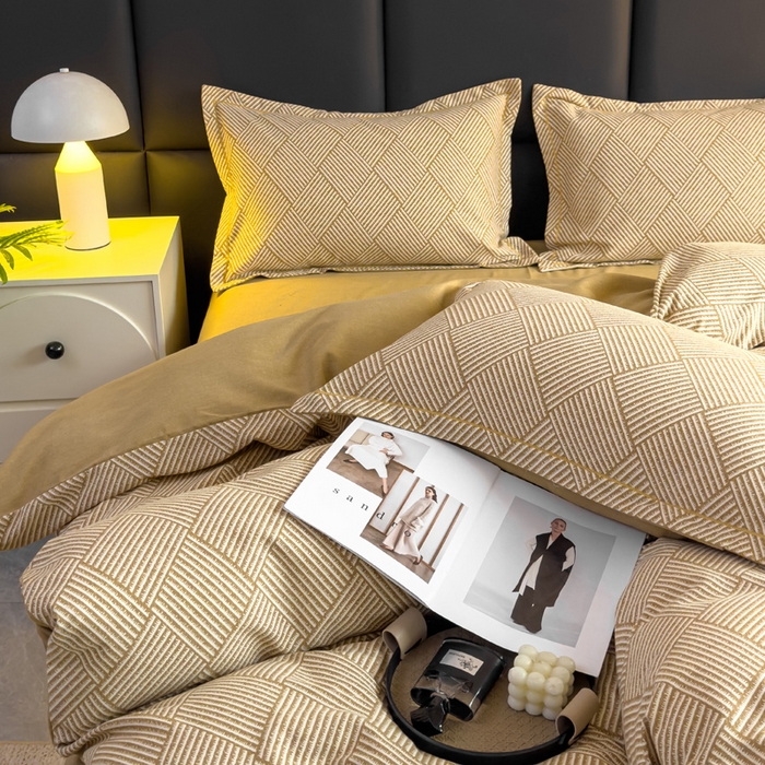 91家纺网 家纺一手货源 找家纺 优品阁 2024新款亲肤舒适全棉磨毛四件套学生三件套系列  莫利格-咖