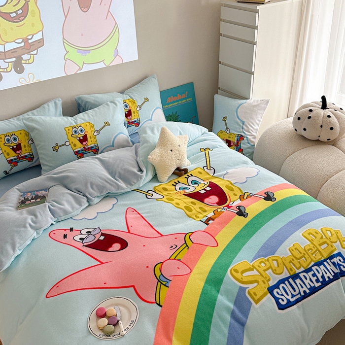 91家纺网 家纺一手货源 找家纺 金爱家 2024新品正版海绵宝宝授权大版卡通平网数码印花加厚高克重牛奶绒系列四件套 彩虹海绵宝宝