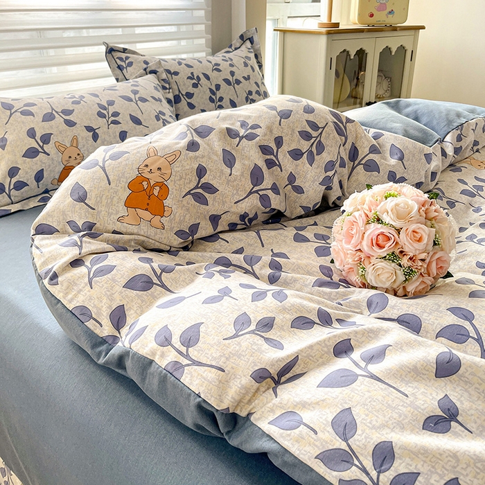 91家纺网 家纺一手货源 找家纺 暖芯优选 2025新款小清新印花全棉磨毛四件套林见兔