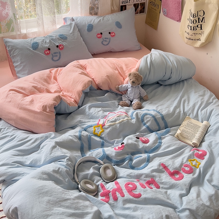 91家纺网 家纺一手货源 找家纺 2024新款水洗棉毛巾绣四件套系列 晚安小象