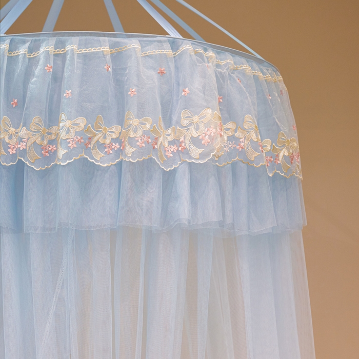 91家纺网 家纺一手货源 找家纺 2025新款公主圆顶法式花边吊顶蚊帐--爱丽丝 爱丽丝蓝灰