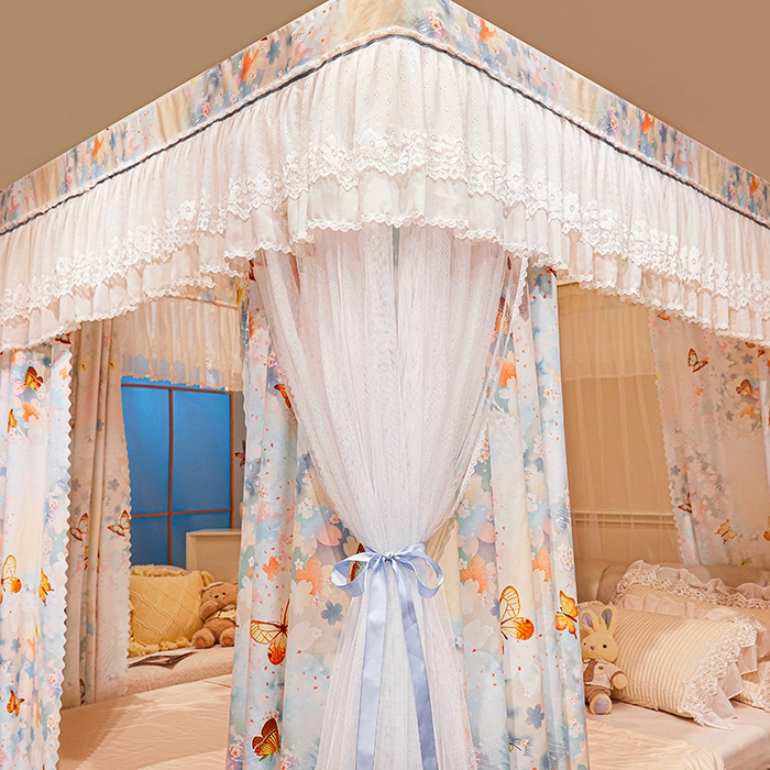 91家纺网 家纺一手货源 找家纺 2025双杆五通印花落地布帘蚊帐 梦舞翩飞