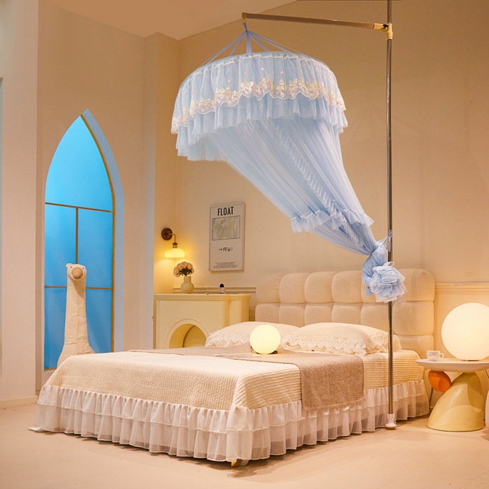 91家纺网 家纺一手货源 找家纺 2025新款公主圆顶法式花边吊顶蚊帐--爱丽丝 爱丽丝蓝灰