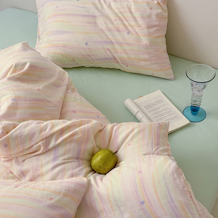 91家纺网 家纺一手货源 找家纺 2025新款A类ins奶油风卡通全棉双层纱系列四件套 彩墨流砂