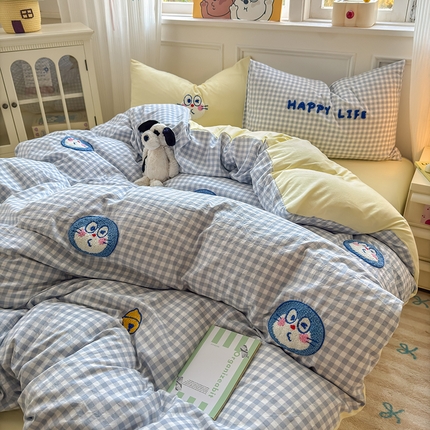 罗亿家纺 2025新款韩版糯糯棉(110克）毛巾绣四件套-场景三（提供买家秀） 小蓝叮当