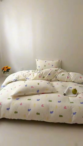 91家纺网 家纺一手货源 找家纺 2025新款A类ins奶油风卡通全棉双层纱系列四件套 小熊软糖