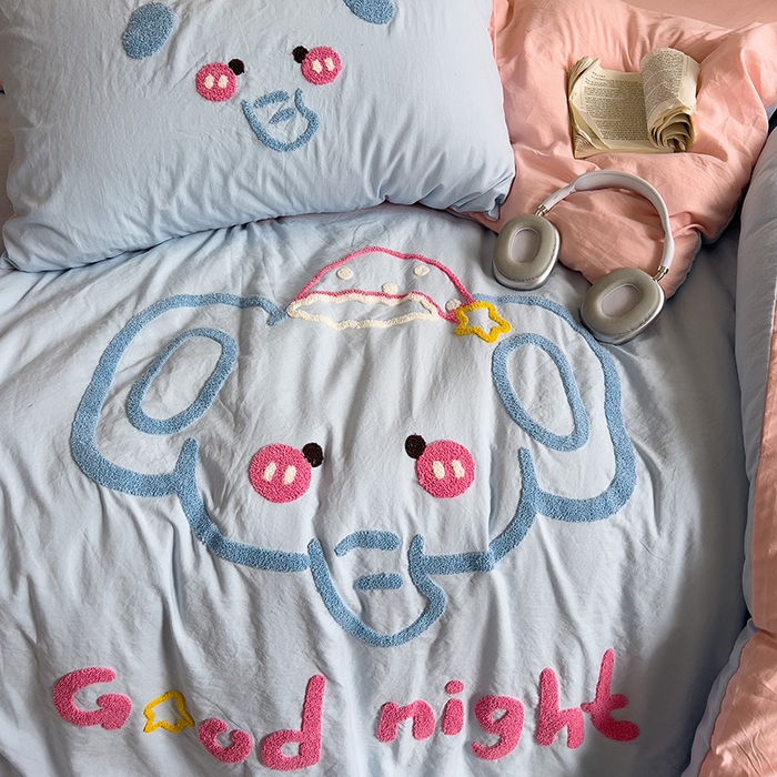 91家纺网 家纺一手货源 找家纺 2024新款水洗棉毛巾绣四件套系列 晚安小象