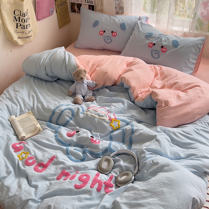 91家纺网 家纺一手货源 找家纺 2024新款水洗棉毛巾绣四件套系列 晚安小象