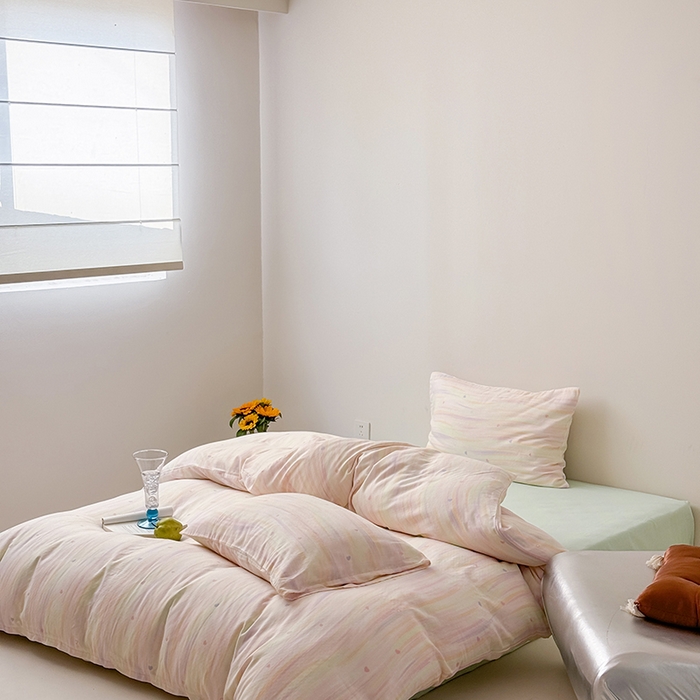 91家纺网 家纺一手货源 找家纺 2025新款A类ins奶油风卡通全棉双层纱系列四件套 彩墨流砂