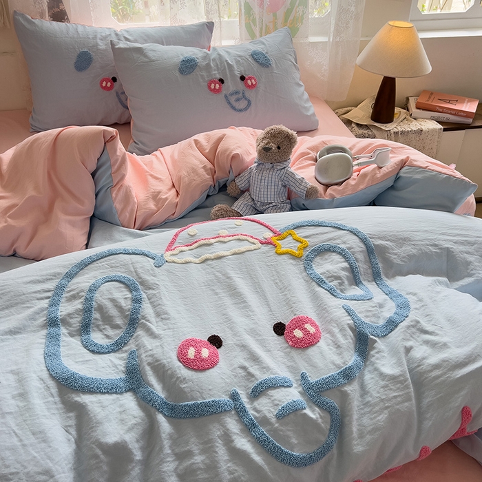 91家纺网 家纺一手货源 找家纺 2024新款水洗棉毛巾绣四件套系列 晚安小象