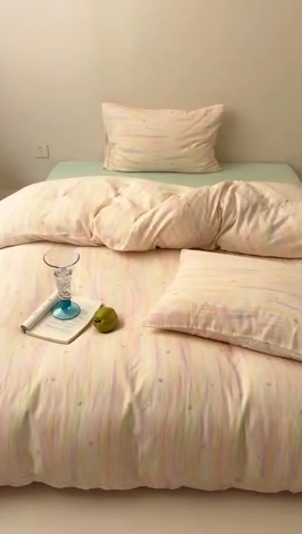 91家纺网 家纺一手货源 找家纺 2025新款A类ins奶油风卡通全棉双层纱系列四件套 彩墨流砂