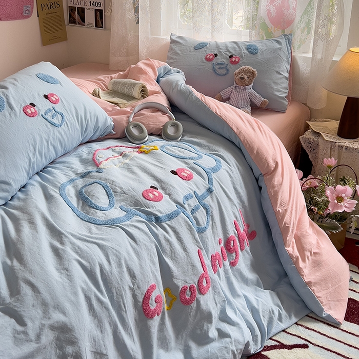 91家纺网 家纺一手货源 找家纺 2024新款水洗棉毛巾绣四件套系列 晚安小象