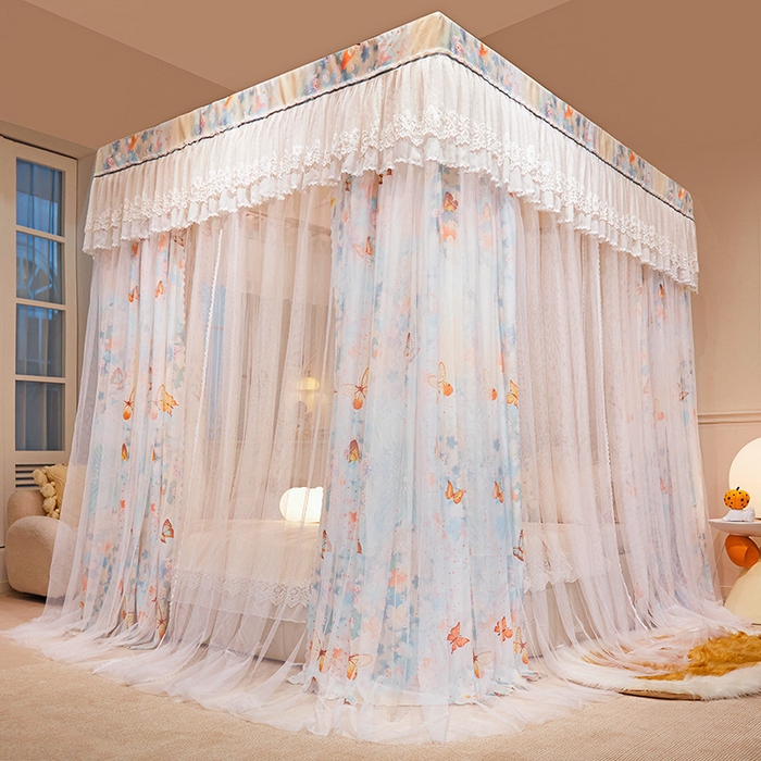 91家纺网 家纺一手货源 找家纺 2025双杆五通印花落地布帘蚊帐 梦舞翩飞