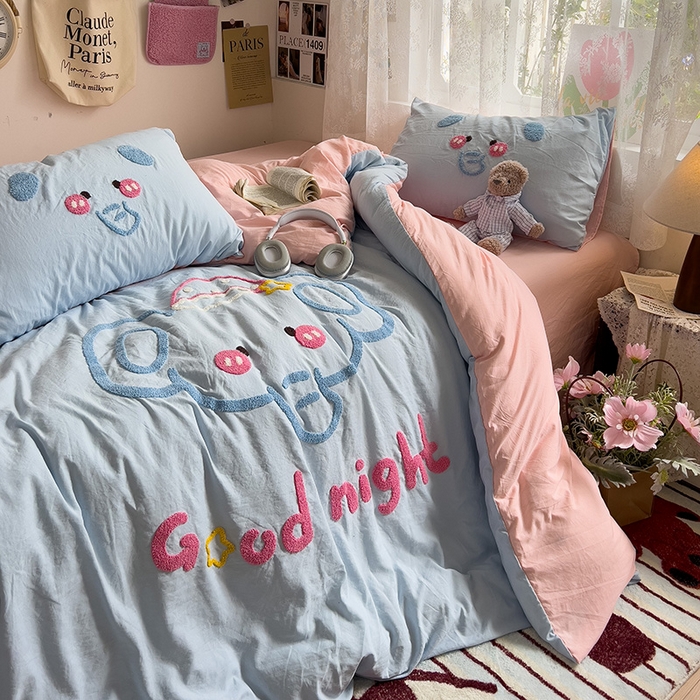 91家纺网 家纺一手货源 找家纺 2024新款水洗棉毛巾绣四件套系列 晚安小象