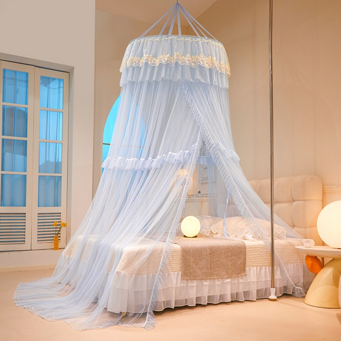 91家纺网 家纺一手货源 找家纺 2025新款公主圆顶法式花边吊顶蚊帐--爱丽丝 爱丽丝蓝灰