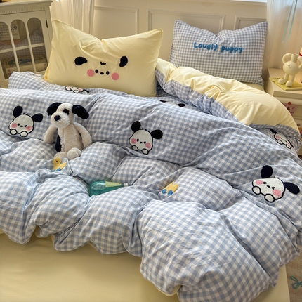 91家纺网 家纺一手货源 找家纺 罗亿家纺 2025新款韩版糯糯棉(110克）毛巾绣四件套-场景三（提供买家秀） 小狗冲浪鸭