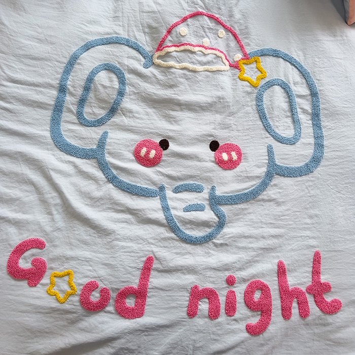 91家纺网 家纺一手货源 找家纺 2024新款水洗棉毛巾绣四件套系列 晚安小象