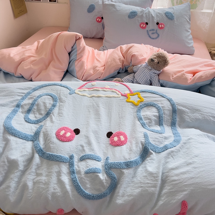 91家纺网 家纺一手货源 找家纺 2024新款水洗棉毛巾绣四件套系列 晚安小象