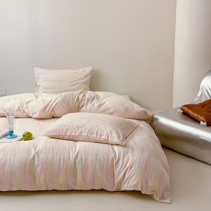 91家纺网 家纺一手货源 找家纺 2025新款A类ins奶油风卡通全棉双层纱系列四件套 彩墨流砂