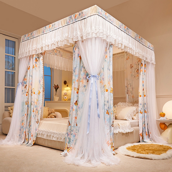 91家纺网 家纺一手货源 找家纺 2025双杆五通印花落地布帘蚊帐 梦舞翩飞