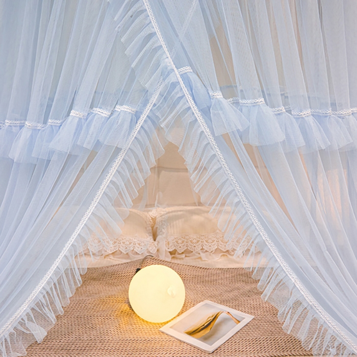 91家纺网 家纺一手货源 找家纺 2025新款公主圆顶法式花边吊顶蚊帐--爱丽丝 爱丽丝蓝灰