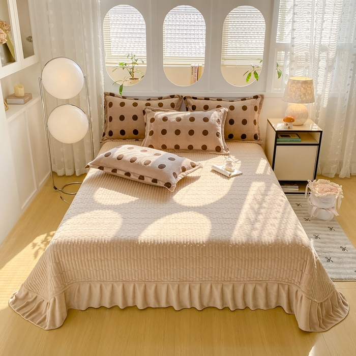 91家纺网 家纺一手货源 找家纺 尚美 2024新款高克重印花花边牛奶绒床盖四件套咖圆点