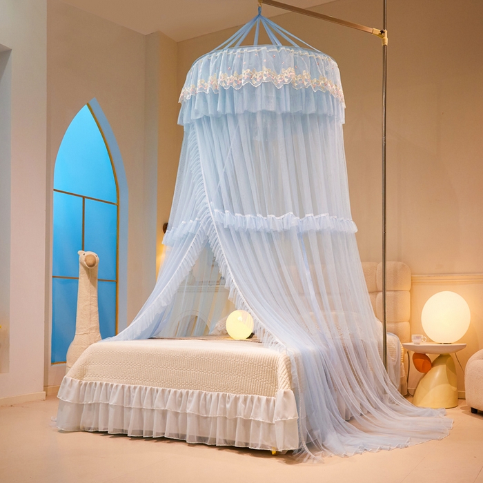 91家纺网 家纺一手货源 找家纺 2025新款公主圆顶法式花边吊顶蚊帐--爱丽丝 爱丽丝蓝灰