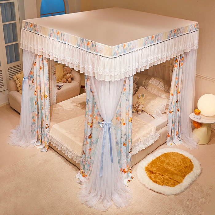 91家纺网 家纺一手货源 找家纺 2025双杆五通印花落地布帘蚊帐 梦舞翩飞