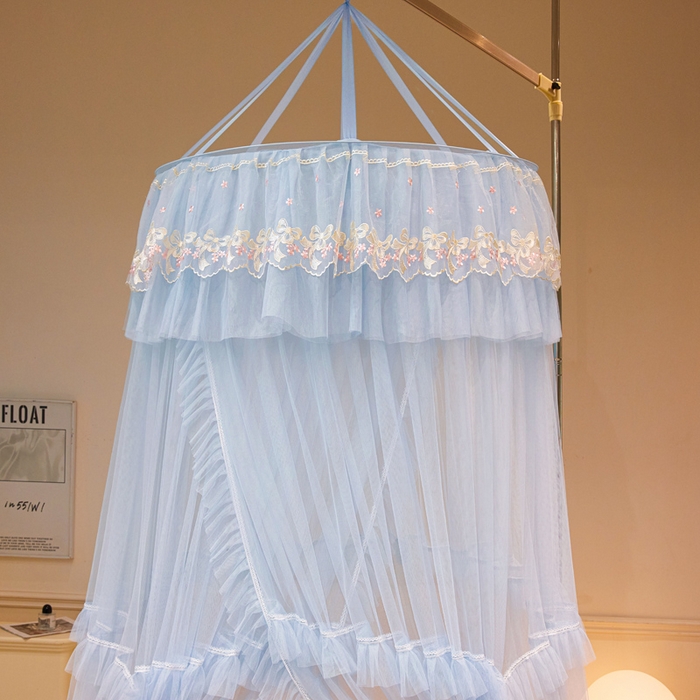 91家纺网 家纺一手货源 找家纺 2025新款公主圆顶法式花边吊顶蚊帐--爱丽丝 爱丽丝蓝灰