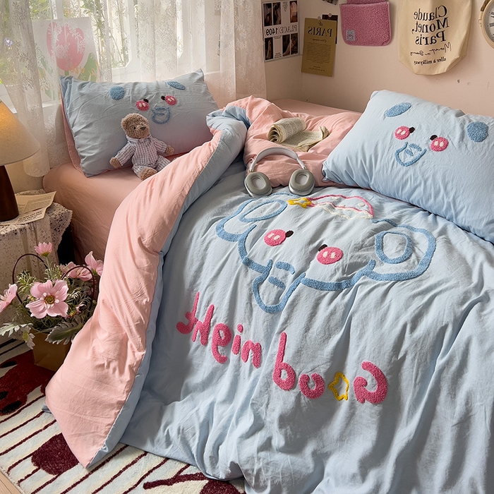 91家纺网 家纺一手货源 找家纺 2024新款水洗棉毛巾绣四件套系列 晚安小象