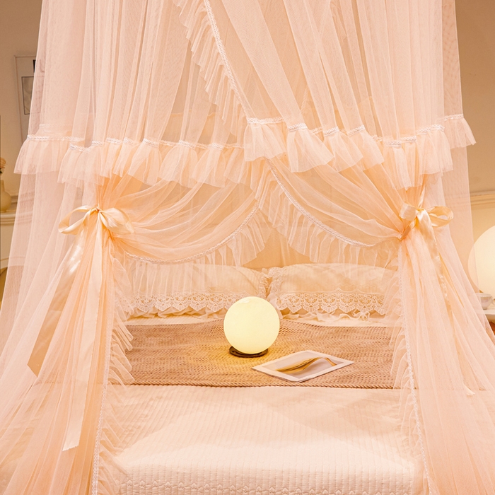 91家纺网 家纺一手货源 找家纺 2025新款公主圆顶法式花边吊顶蚊帐--爱丽丝 爱丽丝玉色