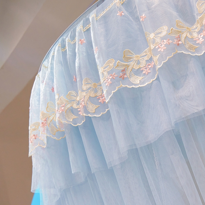 91家纺网 家纺一手货源 找家纺 2025新款公主圆顶法式花边吊顶蚊帐--爱丽丝 爱丽丝蓝灰