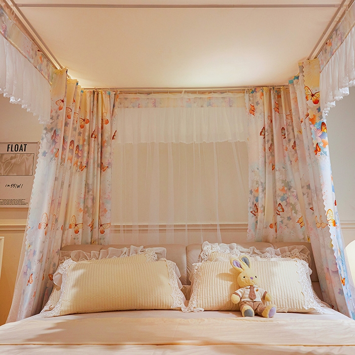 91家纺网 家纺一手货源 找家纺 2025双杆五通印花落地布帘蚊帐 梦舞翩飞