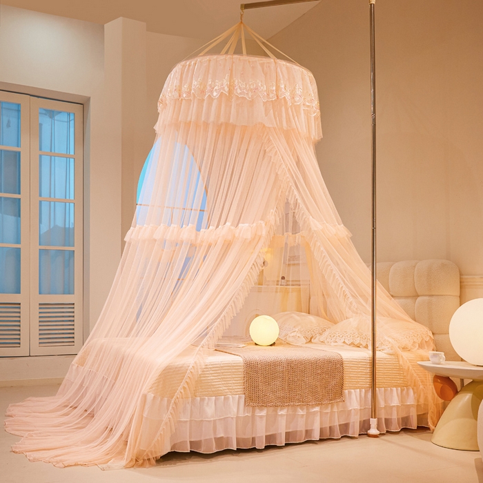 91家纺网 家纺一手货源 找家纺 2025新款公主圆顶法式花边吊顶蚊帐--爱丽丝 爱丽丝玉色