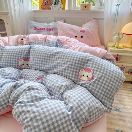 罗亿家纺 2025新款韩版糯糯棉(110克）毛巾绣四件套-场景三（提供买家秀） 糖果猫咪蓝