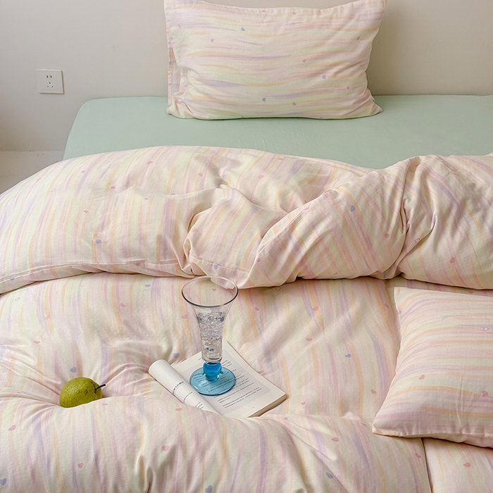 91家纺网 家纺一手货源 找家纺 2025新款A类ins奶油风卡通全棉双层纱系列四件套 彩墨流砂