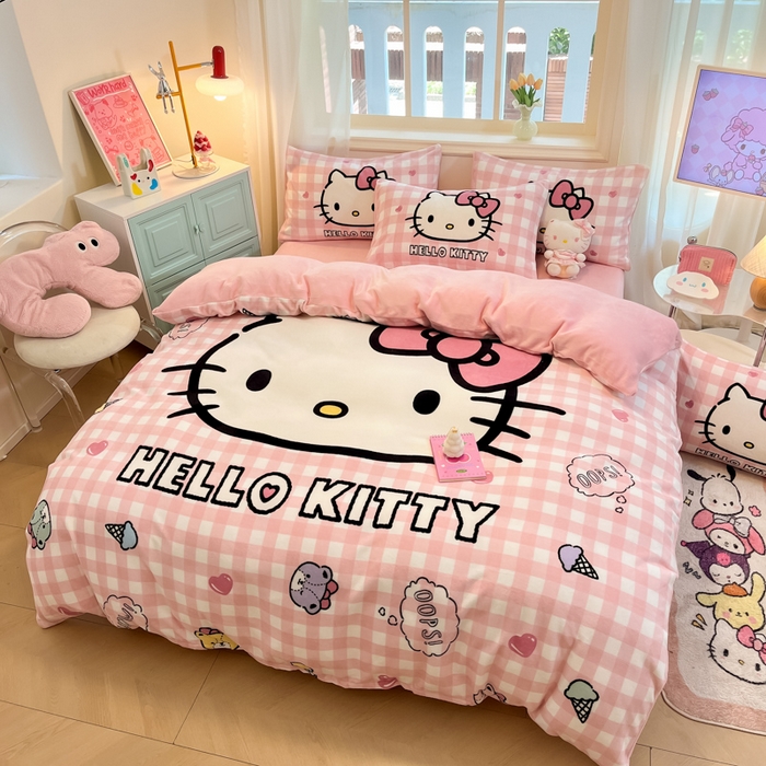 91家纺网 家纺一手货源 找家纺 A类母婴级库洛米美乐蒂三丽鸥正版授权卡通儿童牛奶绒双面牛奶绒四件套珊瑚绒四件套 绒大版-R粉格香香kitty