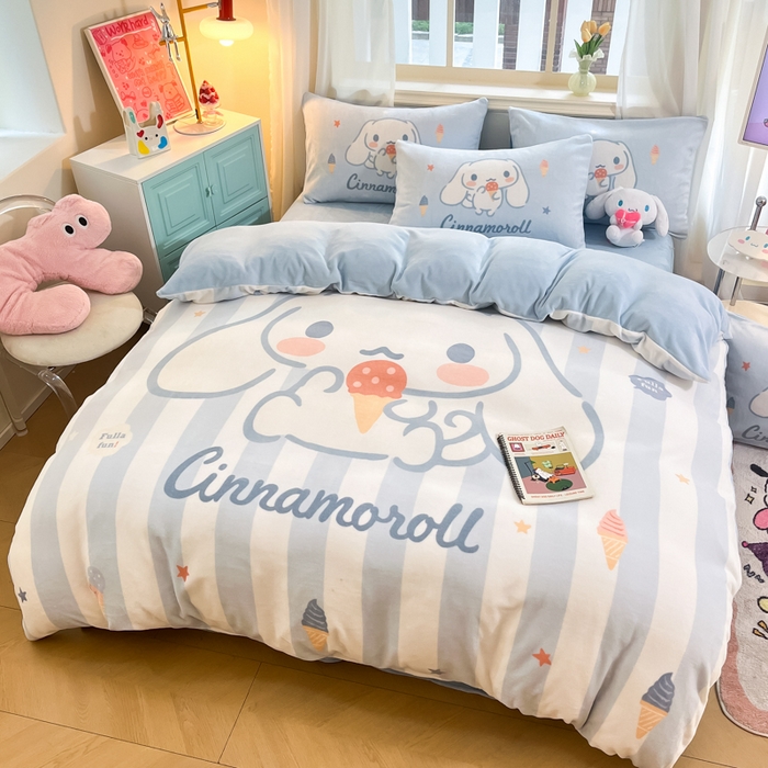 91家纺网 家纺一手货源 找家纺 A类母婴级库洛米美乐蒂三丽鸥正版授权卡通儿童牛奶绒双面牛奶绒四件套珊瑚绒四件套 绒大版-R蓝条冰淇淋大耳狗