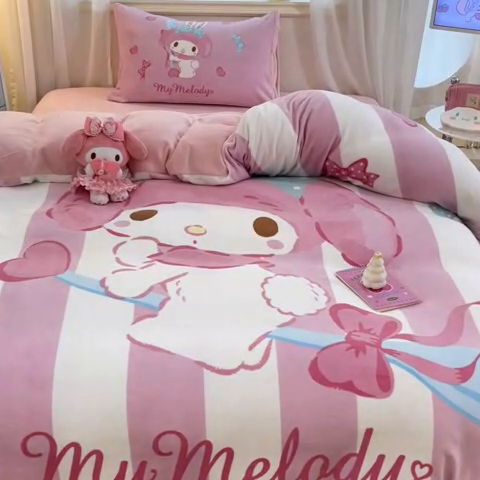 91家纺网 家纺一手货源 找家纺 A类母婴级库洛米美乐蒂三丽鸥正版授权卡通儿童牛奶绒双面牛奶绒四件套珊瑚绒四件套 绒大版-R开心大耳狗