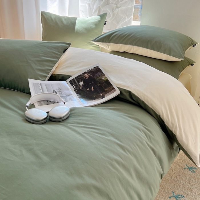 91家纺网 家纺一手货源 找家纺 丽卡家纺（原丽卡家纺） 2024新款A类艾阳棉双拼纯色四件套 松霜绿+象牙白